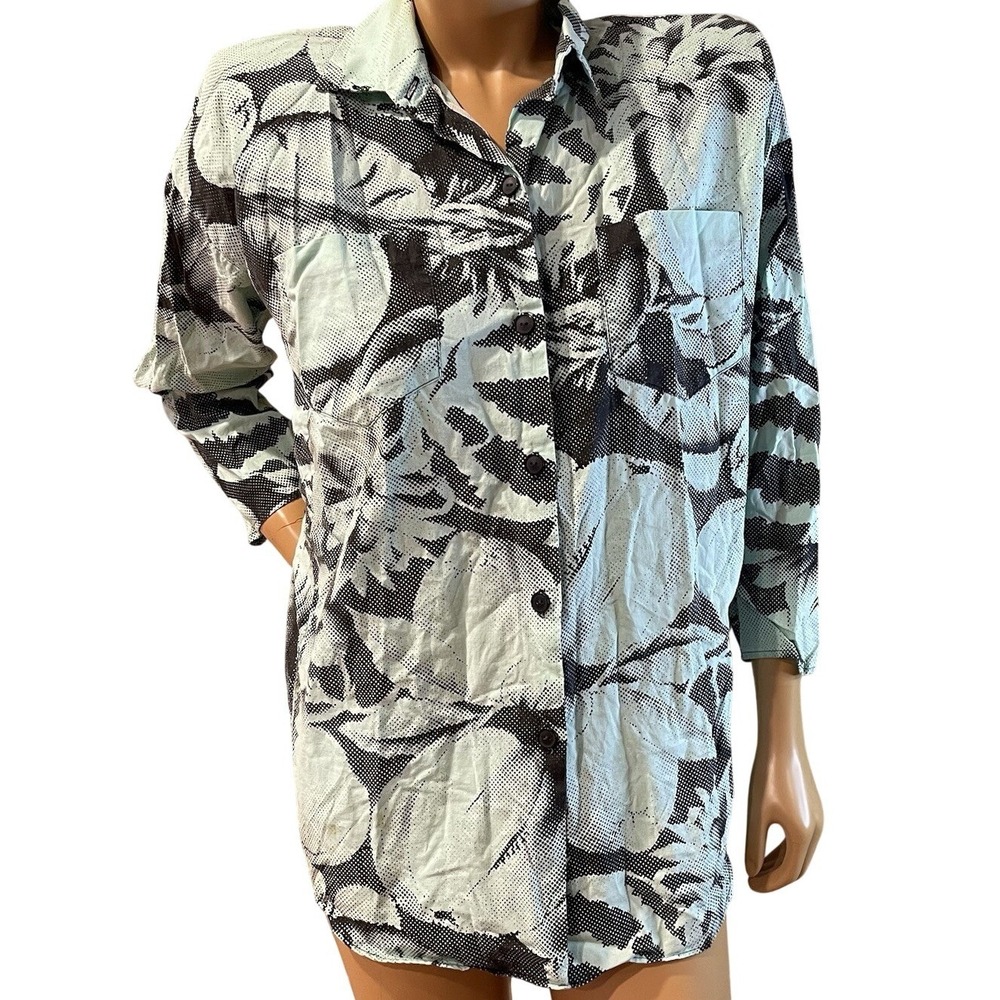 Avec Moi Mint Green Black Abstract Floral Button Up Shirt M Vintage 1980s 80s